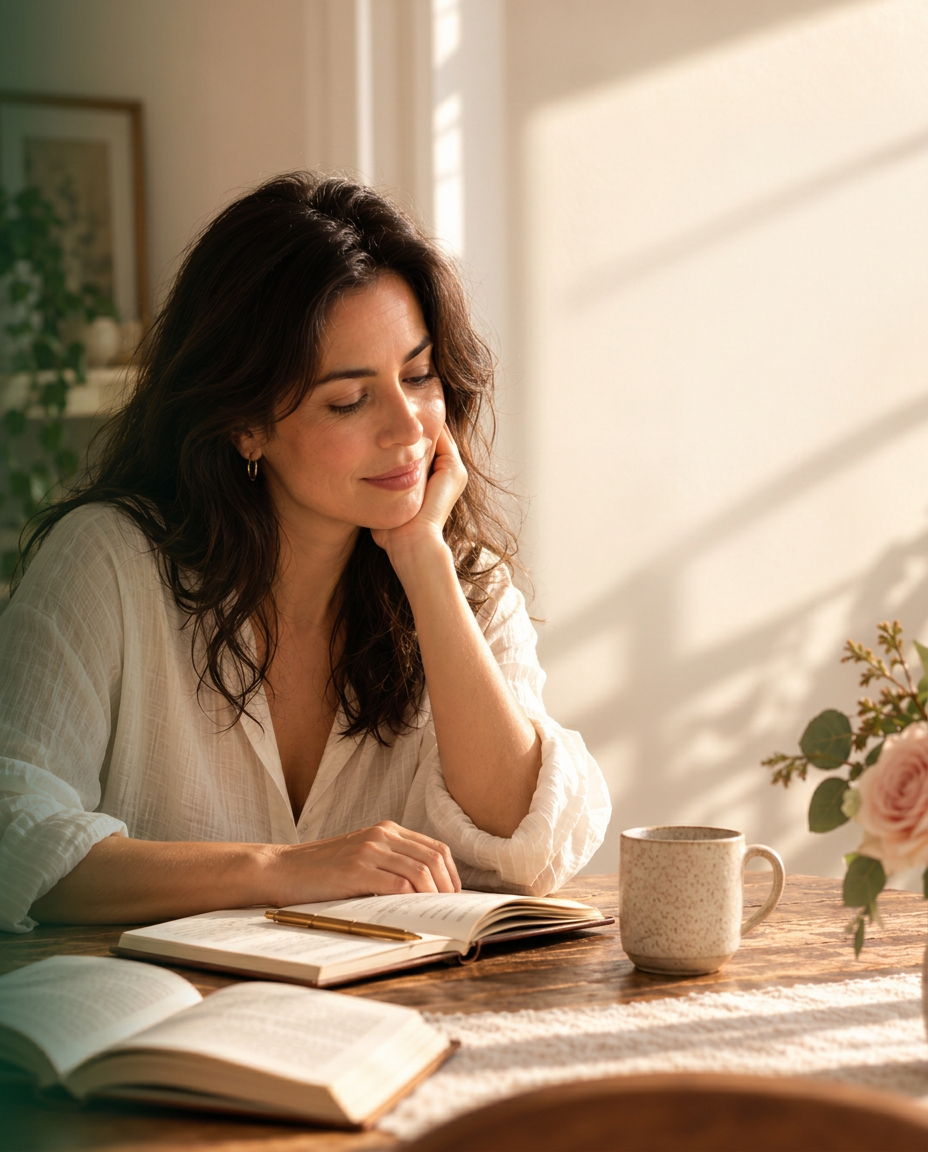 Mujer reflexionando frente a un cuaderno abierto, iluminada por el sol de la mañana